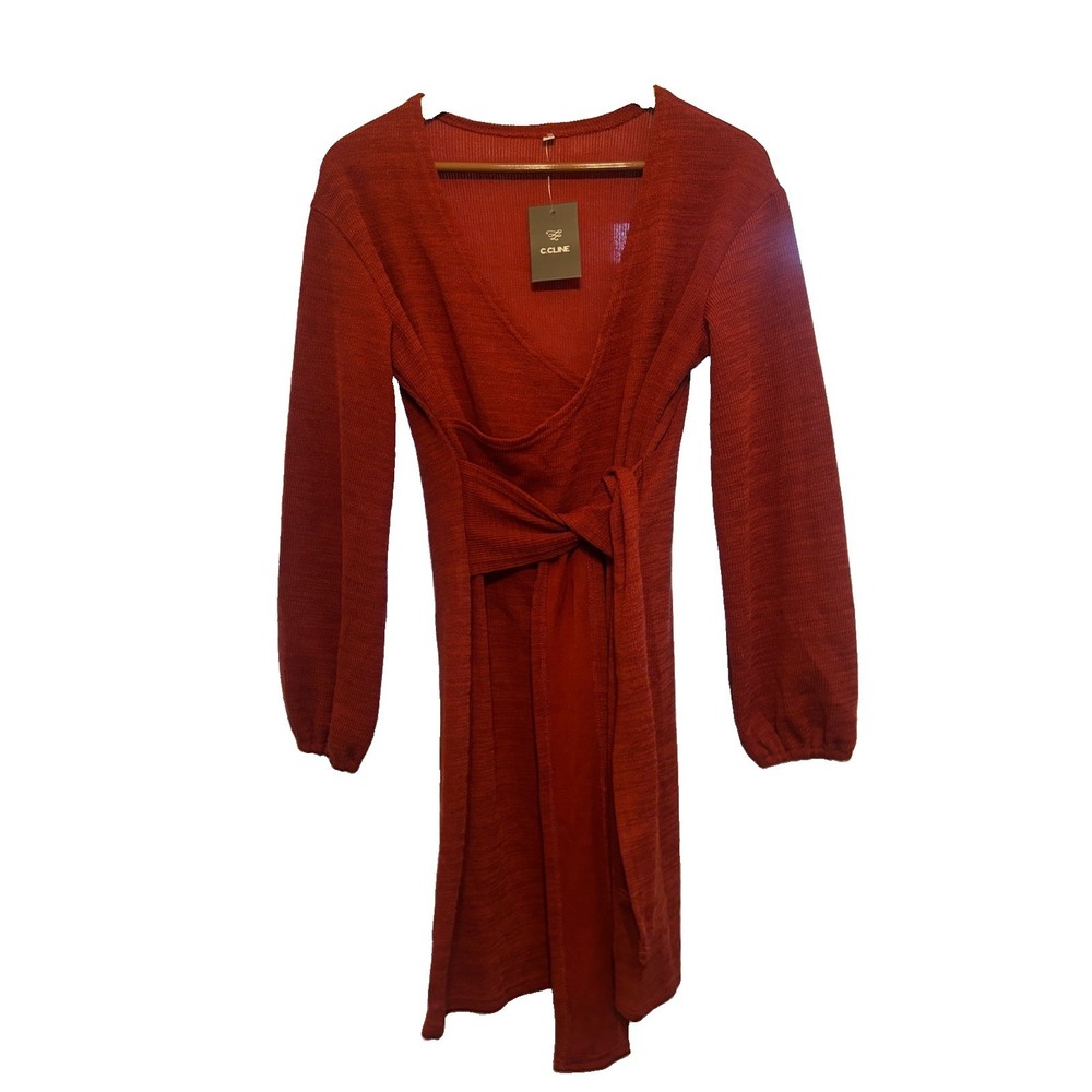 C Cline Ribbed Knit Wrap Tie Sweater Dress Med Burnt Orange Stretch V-neck NWT